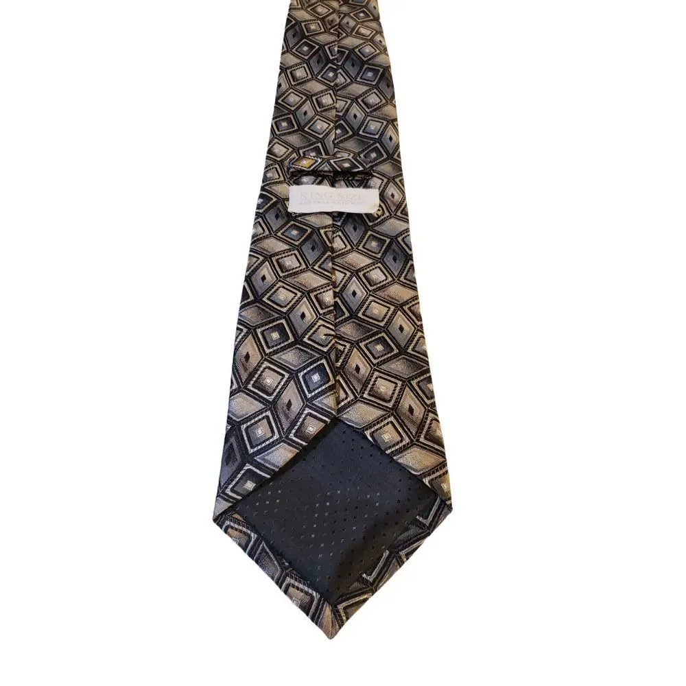 King‎ Size Mens 100% Silk Tie Tan Black Geometric Men Necktie Long 62 x 4